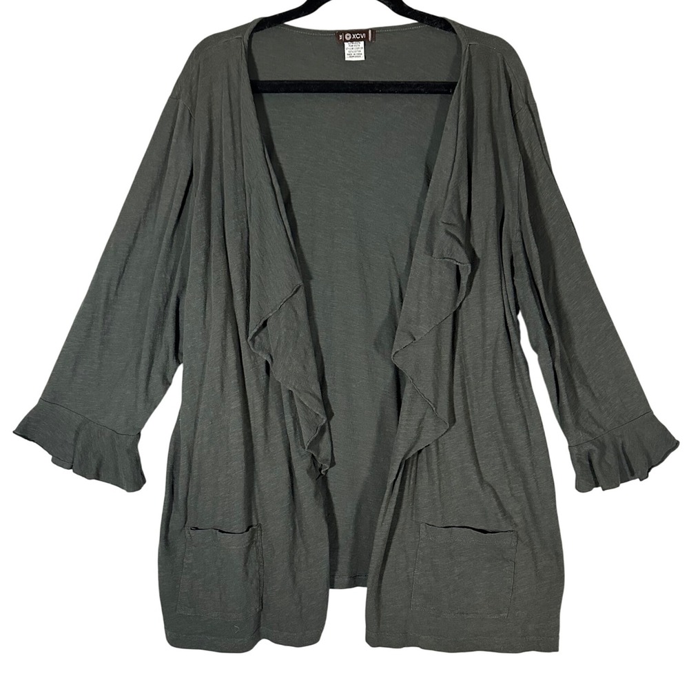 XCVI Ruffle Front Open Cardigan Ruffle Cuff Sz 3X Gray Drapey‎ Cascade Lagenlook